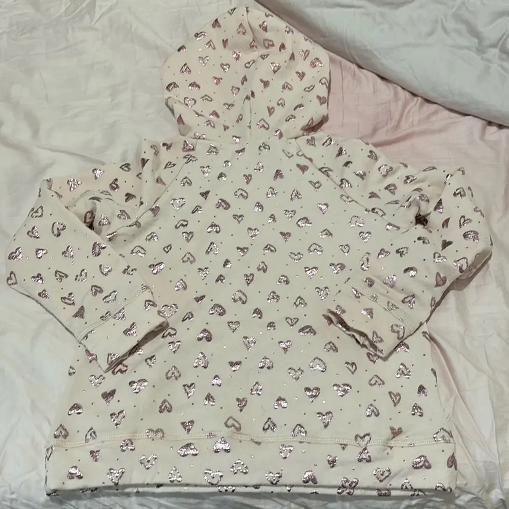 Btween 10 pink hooded sweatshirt pink metallic heart print sequin pocket euc